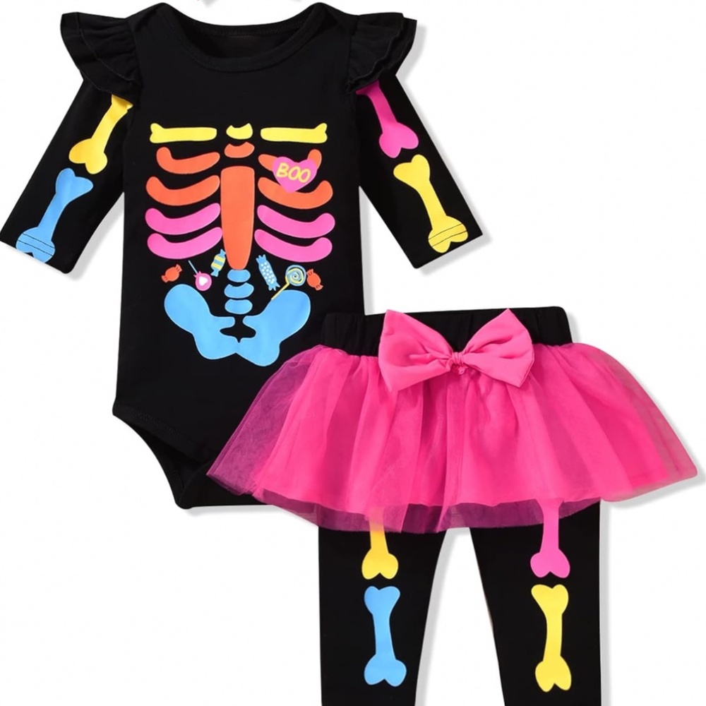 Mioglria Winter  Baby Girl Skeleton Costume with Gold Headband and Skirt